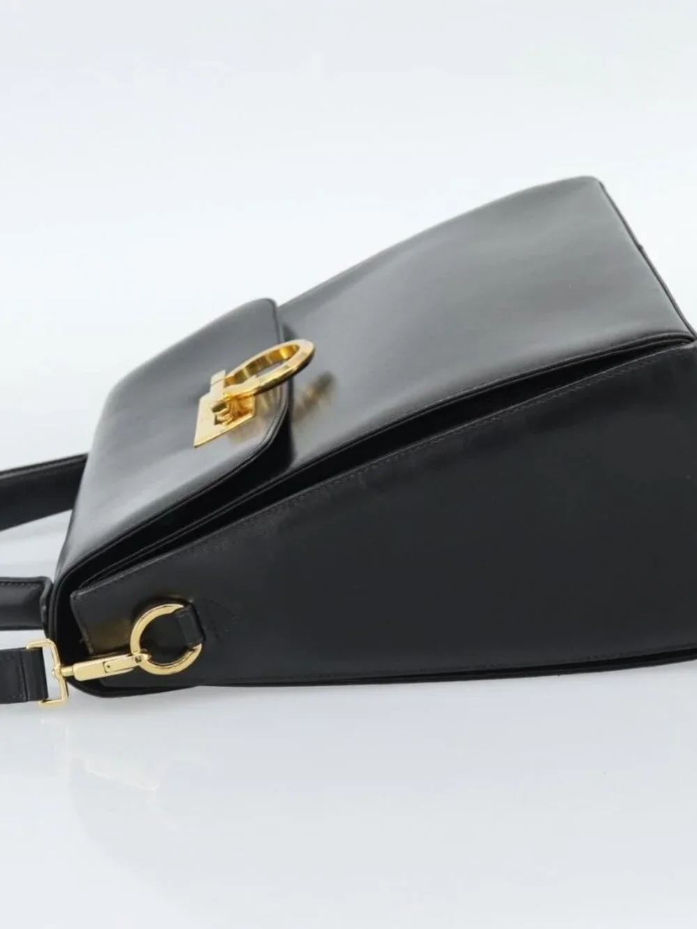 Salvatore Ferragamo Gancini Hand Bag Leather 2way Black Gold Auth 186374